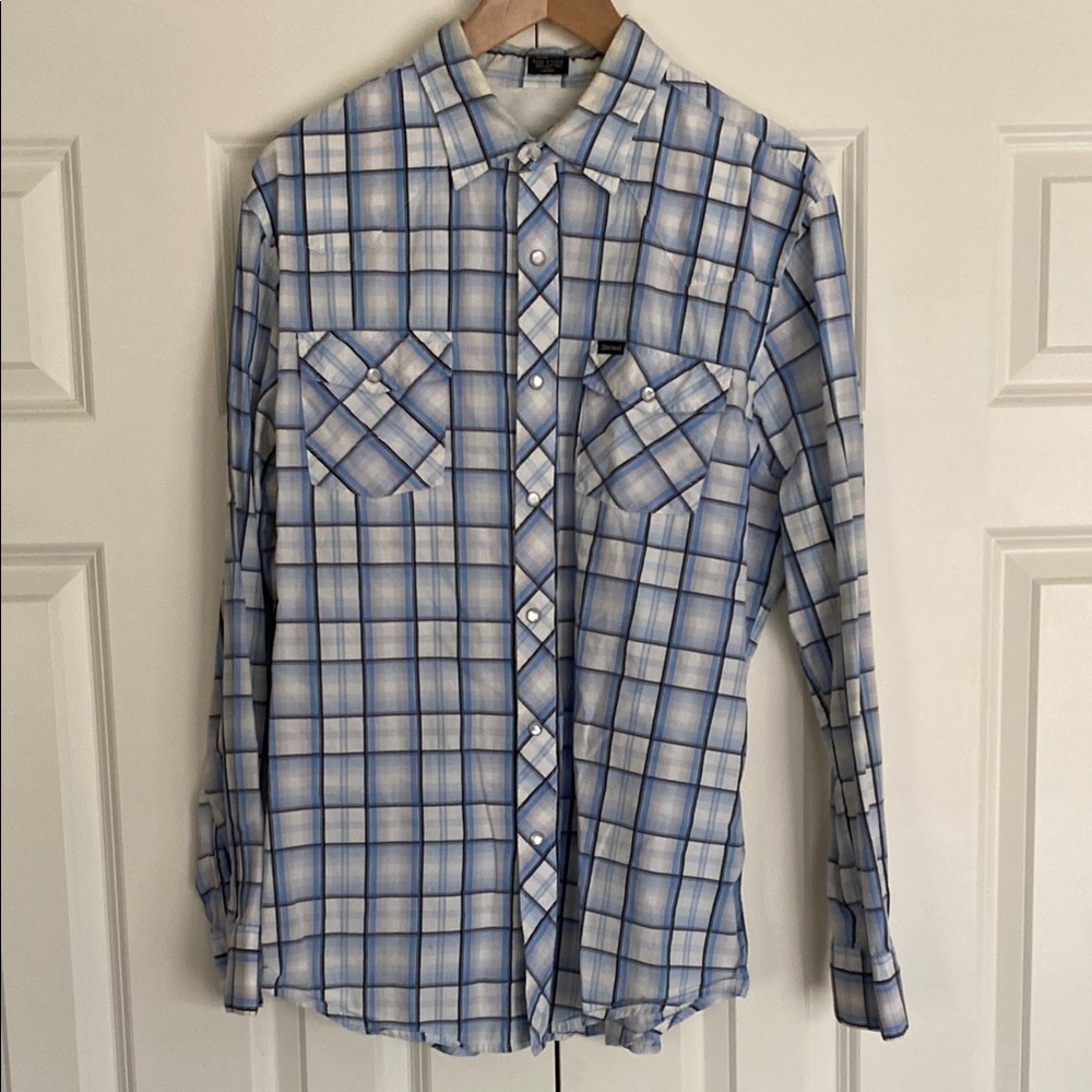 Casual Blue and White Plaid Button Down Shirt